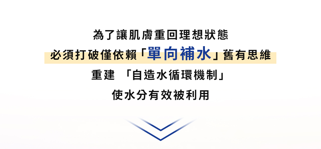 為了讓肌膚重回理想狀態
必須打破僅依賴「單向補水」舊有思維
重建「自造水循環機制」
使水分有效被利用