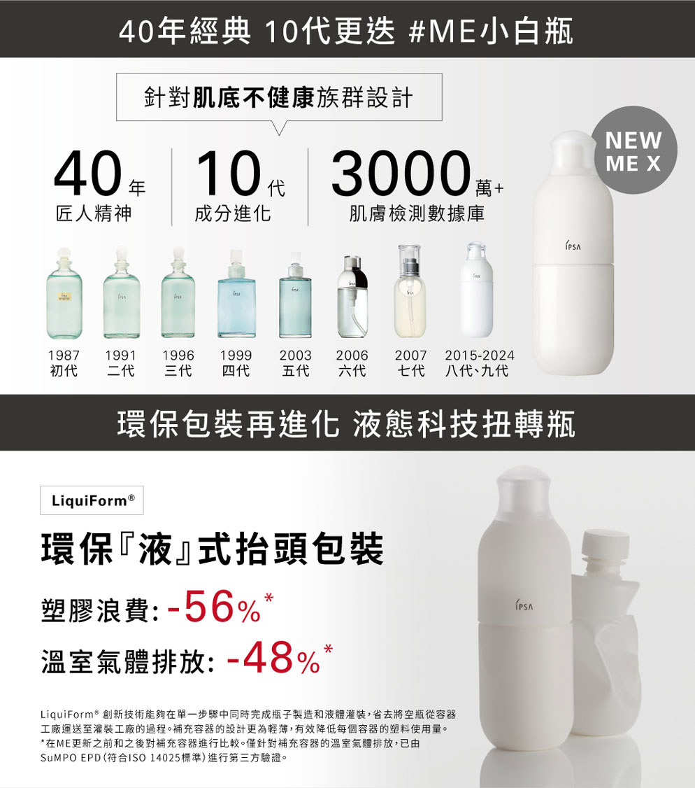 40年經典 10代更迭#ME小白瓶 環保包裝再進化 液態科技扭轉瓶